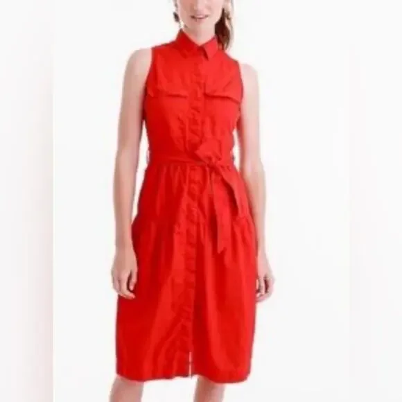 J. Crew Red Cotton Button Down Collar Pockets Sleeveless Belted Tiered Dress- 6 - Picture 2 of 11